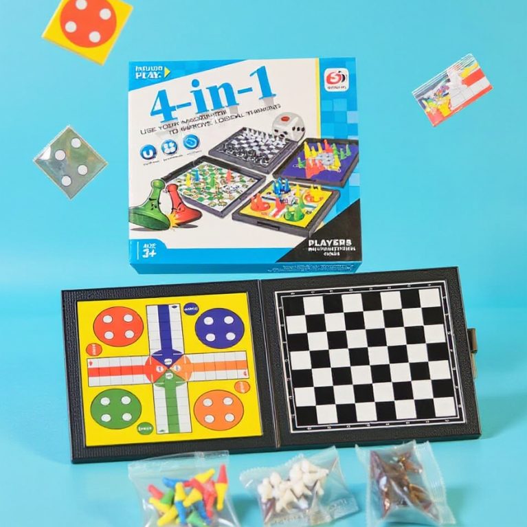 4-in-1 Indoor Play Board Game Set- Chess, Ludo, Snakes & Ladders