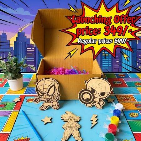 Wooden Super Hero Creative Activity Kit Box (3pcs shapes) Colouring set- with Colours & Brush