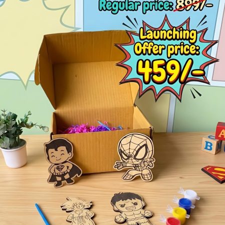 Wooden Super Hero Creative Activity Kit Box (4pcs shapes) Colouring set- with Colours & Brush
