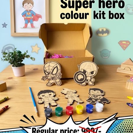 Wooden Super Hero Creative Activity Kit Box (5pcs shapes) Colouring set- with Colours & Brush